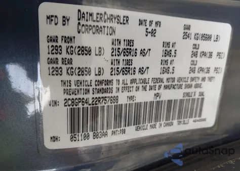 2002 Chrysler Town & Country Limited z USA, uszkodzony, nr VIN 2C8GP64L22R757698